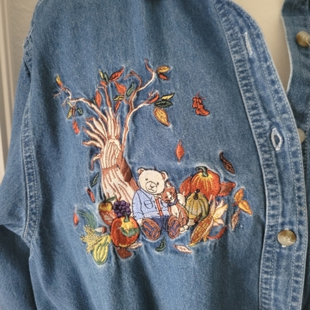 Fall Autumn Embroidered 18W 20W Chambray Denim Button-up Pumpkins Bears 90s Y2K - Picture 2 of 7
